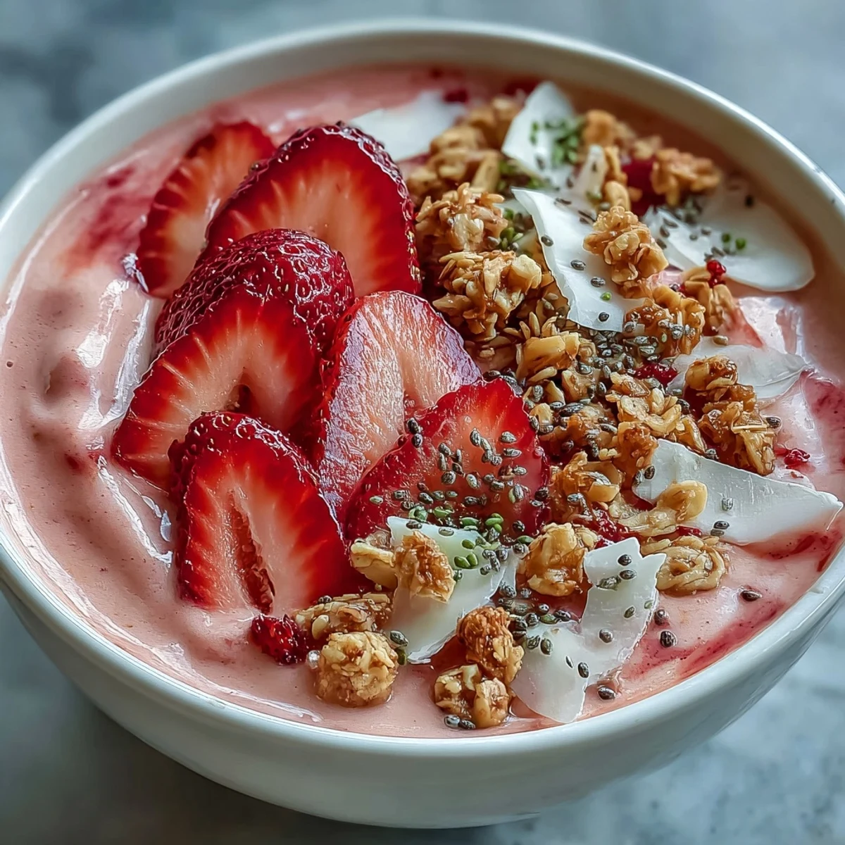 Strawberry Protein Smoothie Bowl with Hidden Cauliflower Cream, blended thick and creamy with fresh berries and crunchy granola for a satisfying breakfast.