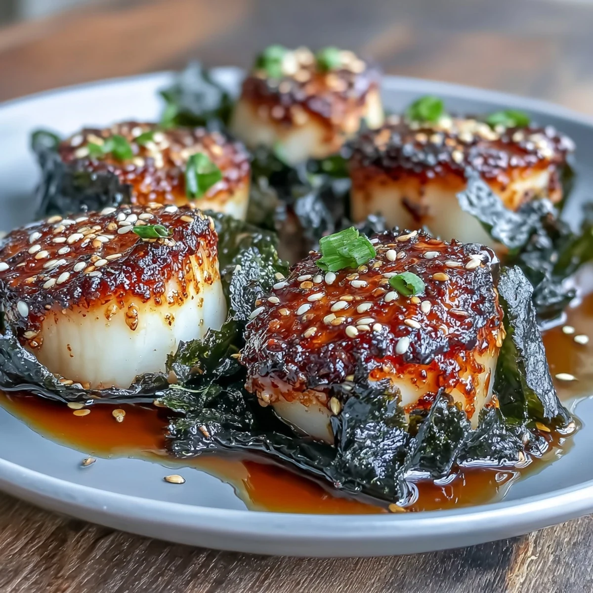 Seaweed-wrapped scallops with ponzu sauce, seared to golden perfection and garnished with sesame seeds and green onions.  