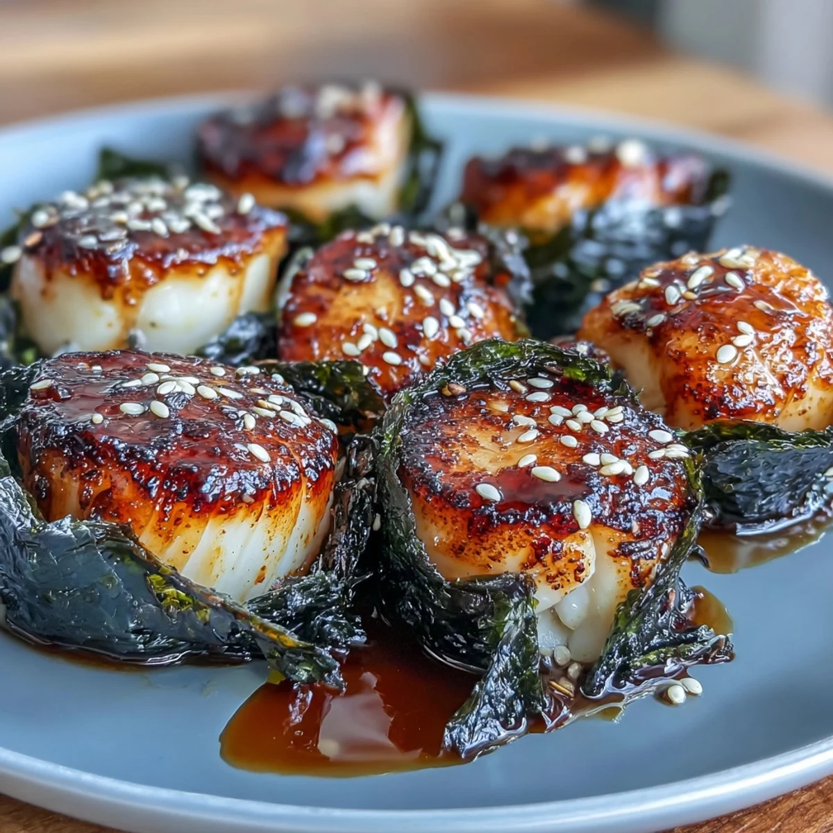 Succulent sea scallops encased in nori, lightly seared and drizzled with zesty ponzu sauce, perfect for elegant entertaining.