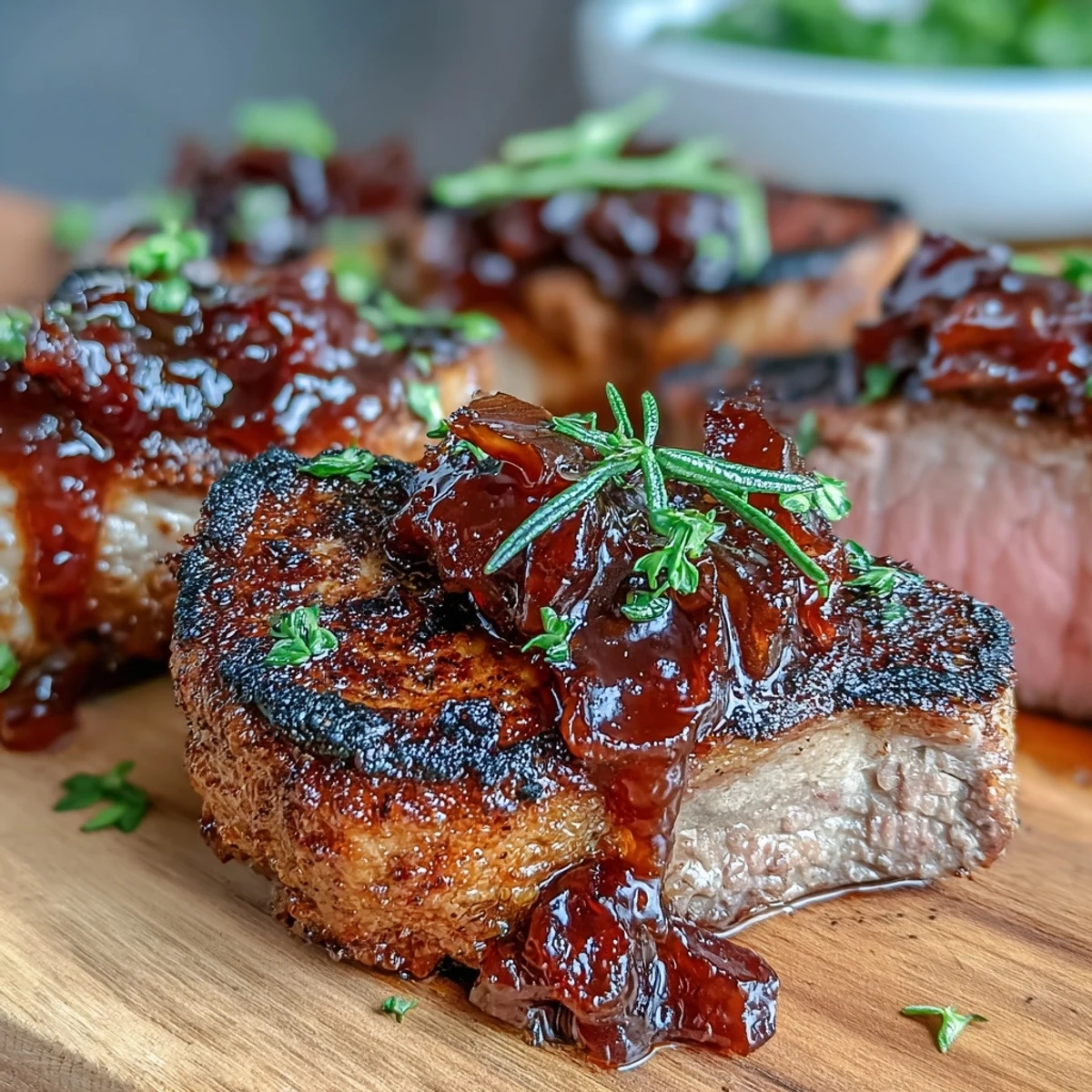 Succulent lamb chops glazed with rich onion jam, seared to perfection and served with a glossy Dijon mustard sauce.  