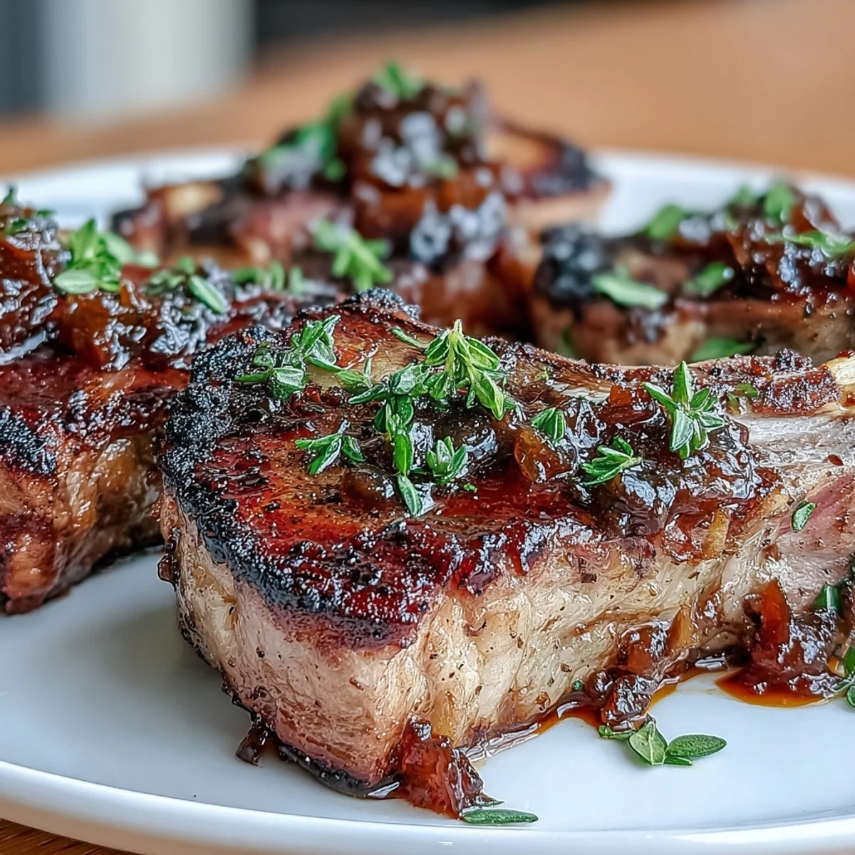 Tender lamb chops coated in a tangy onion jam glaze, paired with fresh thyme for a gourmet dinner presentation.