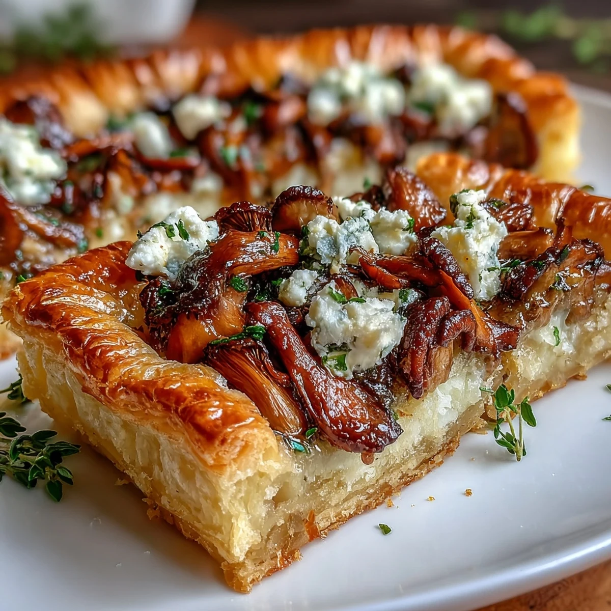 Savory wild mushroom tart with aromatic garlic, fresh thyme, and rich goat cheese atop a crisp puff pastry base.