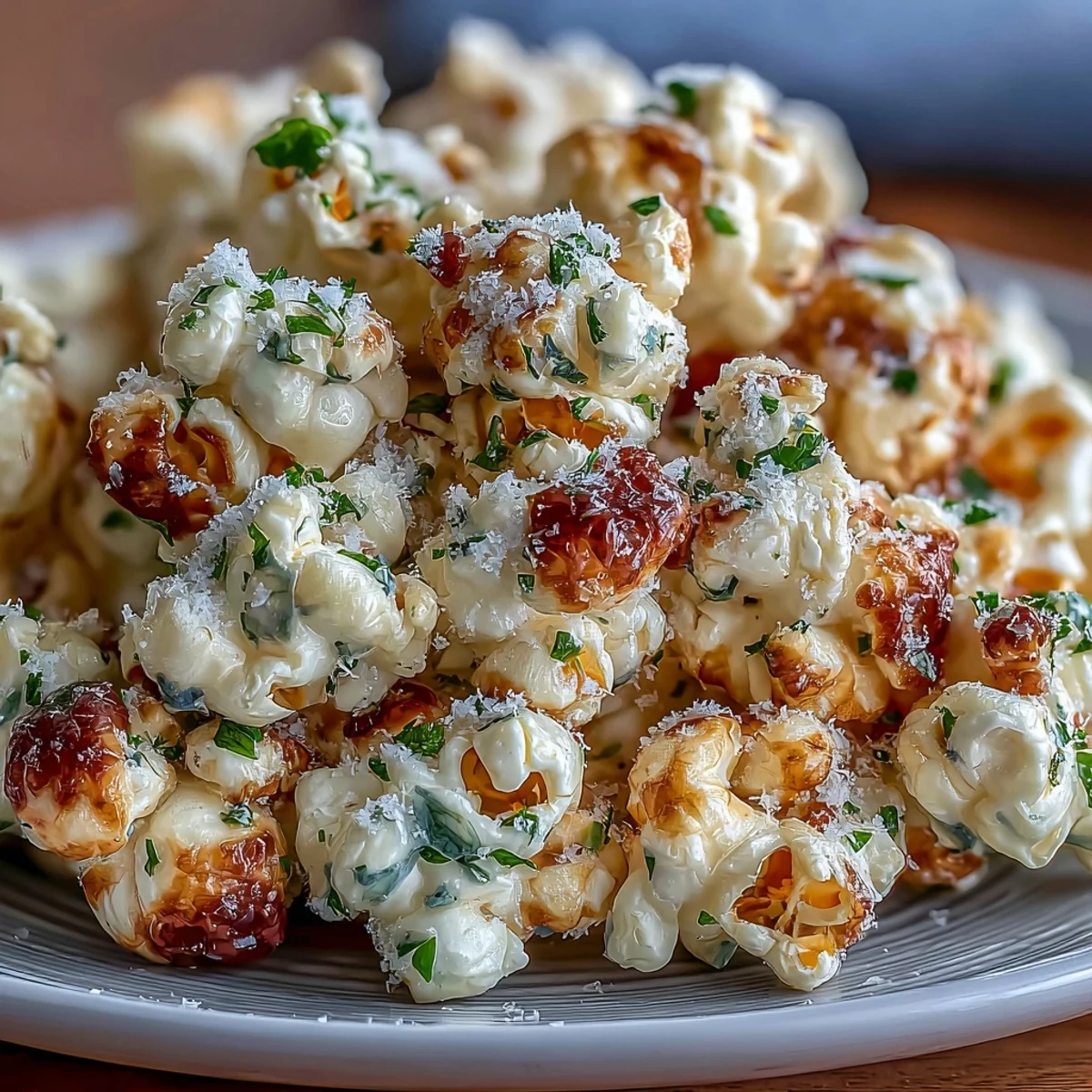 Aromatic truffle popcorn sprinkled with delicate fleur de sel, perfect for movie nights or elegant gatherings.