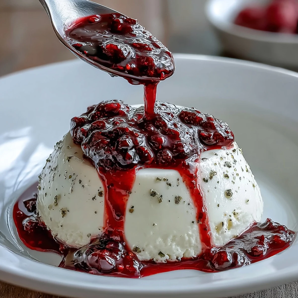 Rich, creamy cardamom panna cotta dessert with a smooth texture, elegantly garnished with a sweet and tangy berry sauce.
