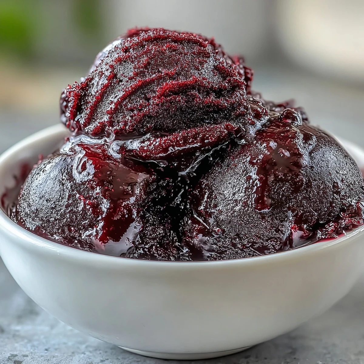 Vibrant black currant sorbet with a deep purple hue, served in chilled bowls with fresh mint garnish.  