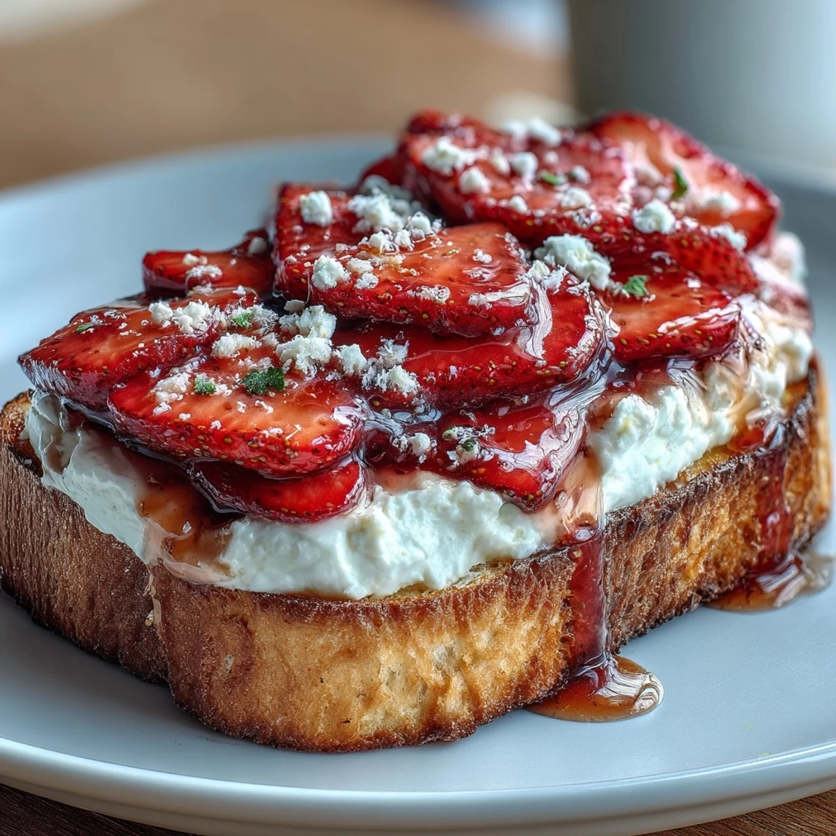 Strawberry ricotta toast with creamy cheese, fresh berries, and a drizzle of honey, perfect for brunch or a light snack.  