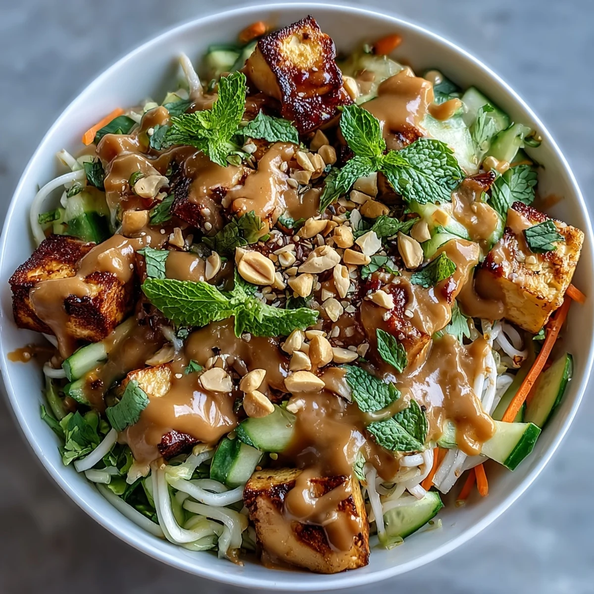 Asian Spring Roll Bowl with Peanut Sauce featuring fresh vegetables, rice noodles, and creamy peanut dressing in a vibrant, colorful bowl.