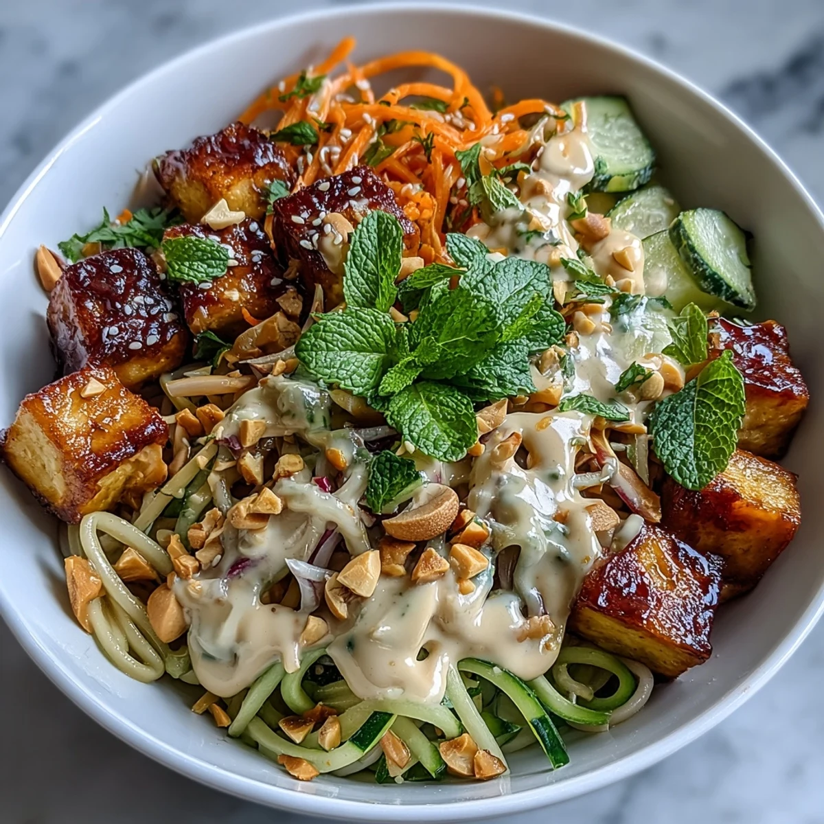 Deconstructed spring roll bowl with Peanut Sauce, rice vermicelli, crunchy vegetables, and herbs for an easy, flavorful Asian-inspired dish.