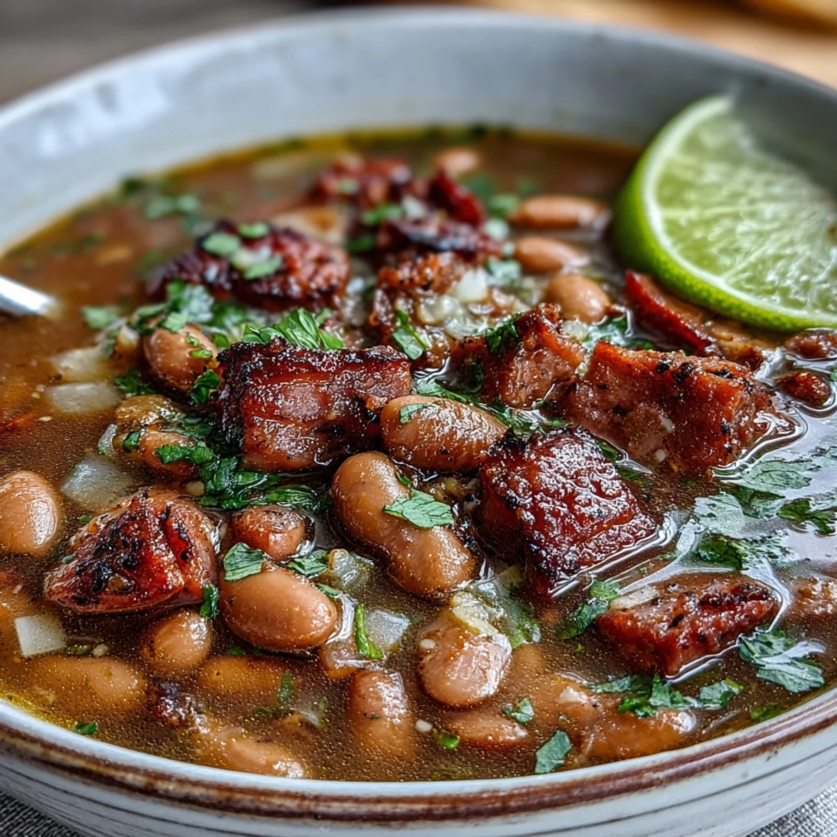 A steaming bowl of ham and pinto bean soup with diced ham, vegetables, and fresh cilantro garnish.  