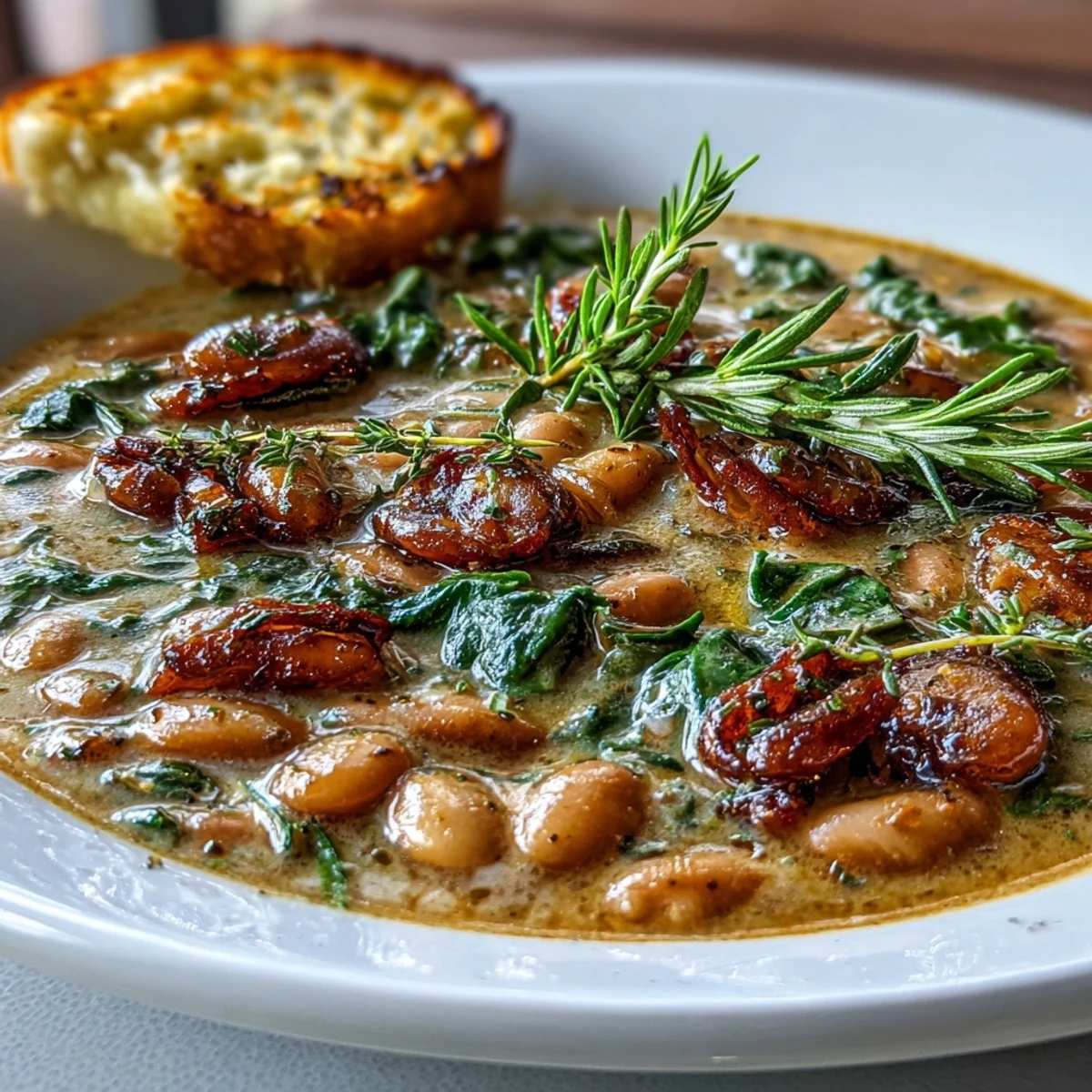 Hearty Tuscan bean soup served with crispy garlic bread, aromatic herbs, and a sprinkle of fresh parsley for garnish.  