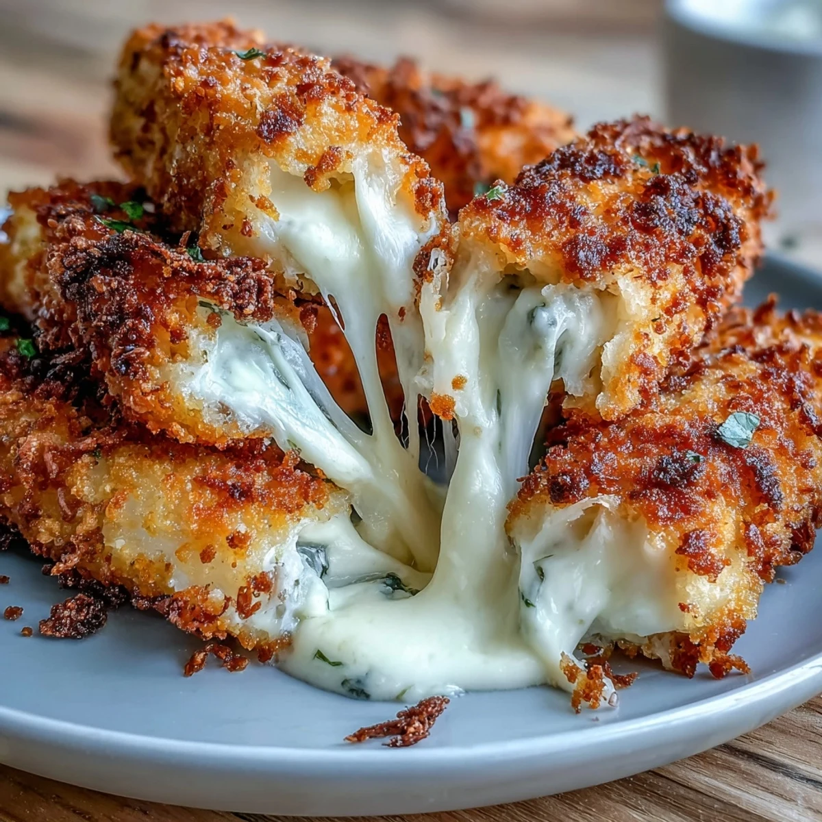 Air-fried mozzarella sticks with crunchy panko crust and Italian herbs, paired with a rich, garlicky marinara sauce for an appetizer.  