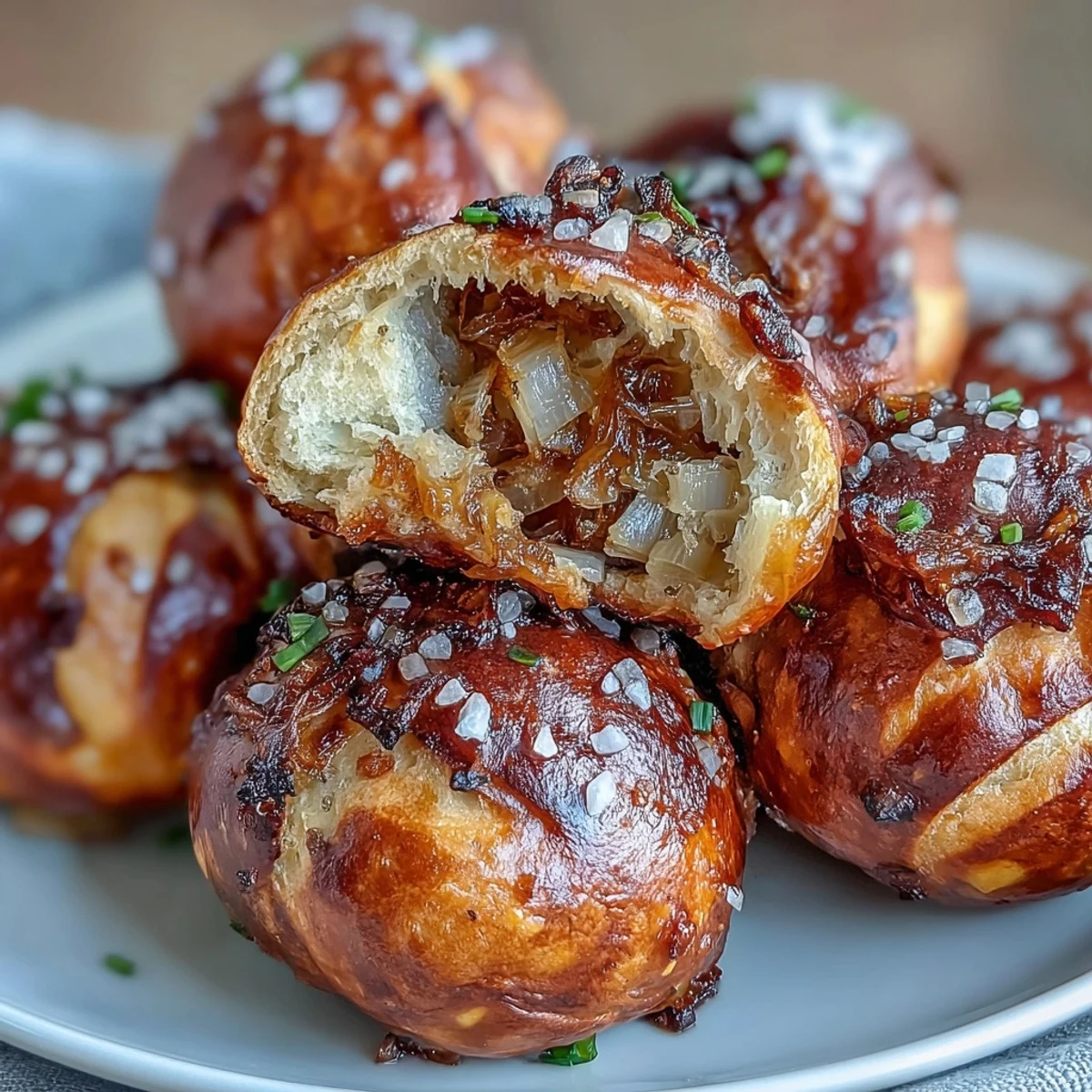 Chewy Sourdough Onion Pretzel Bites with a golden crust and rich onion aroma, ideal for parties or game day snacking.