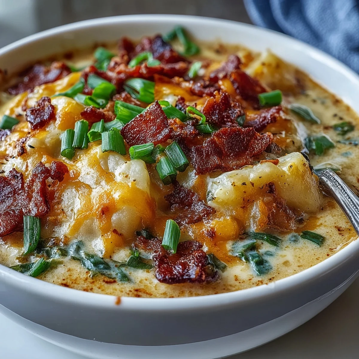 A hearty, lightened-up potato soup featuring tender chunks, green onions, and smoky bacon crumbles.  