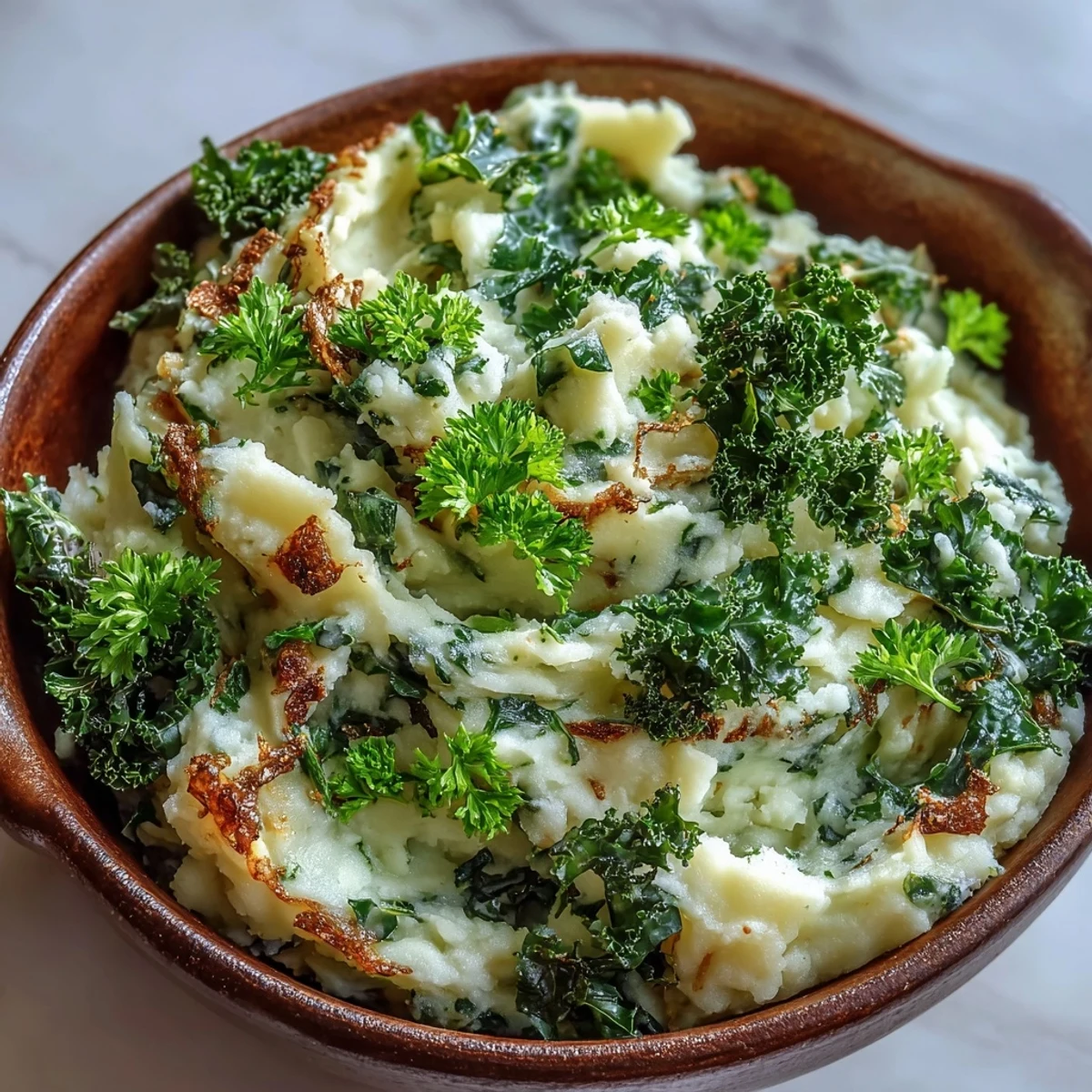Fluffy Irish colcannon with tender leeks, finished with crunchy kale for a comforting vegetarian side dish.
