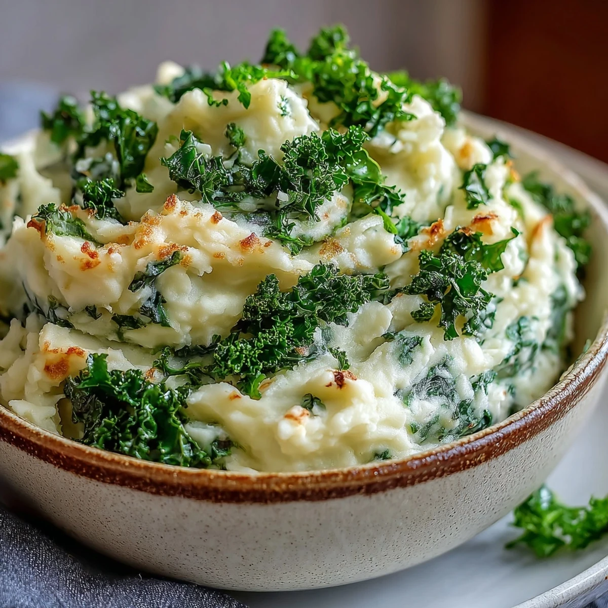 Rich, buttery colcannon mashed potatoes topped with golden, oven-crisp kale leaves for texture and color.  