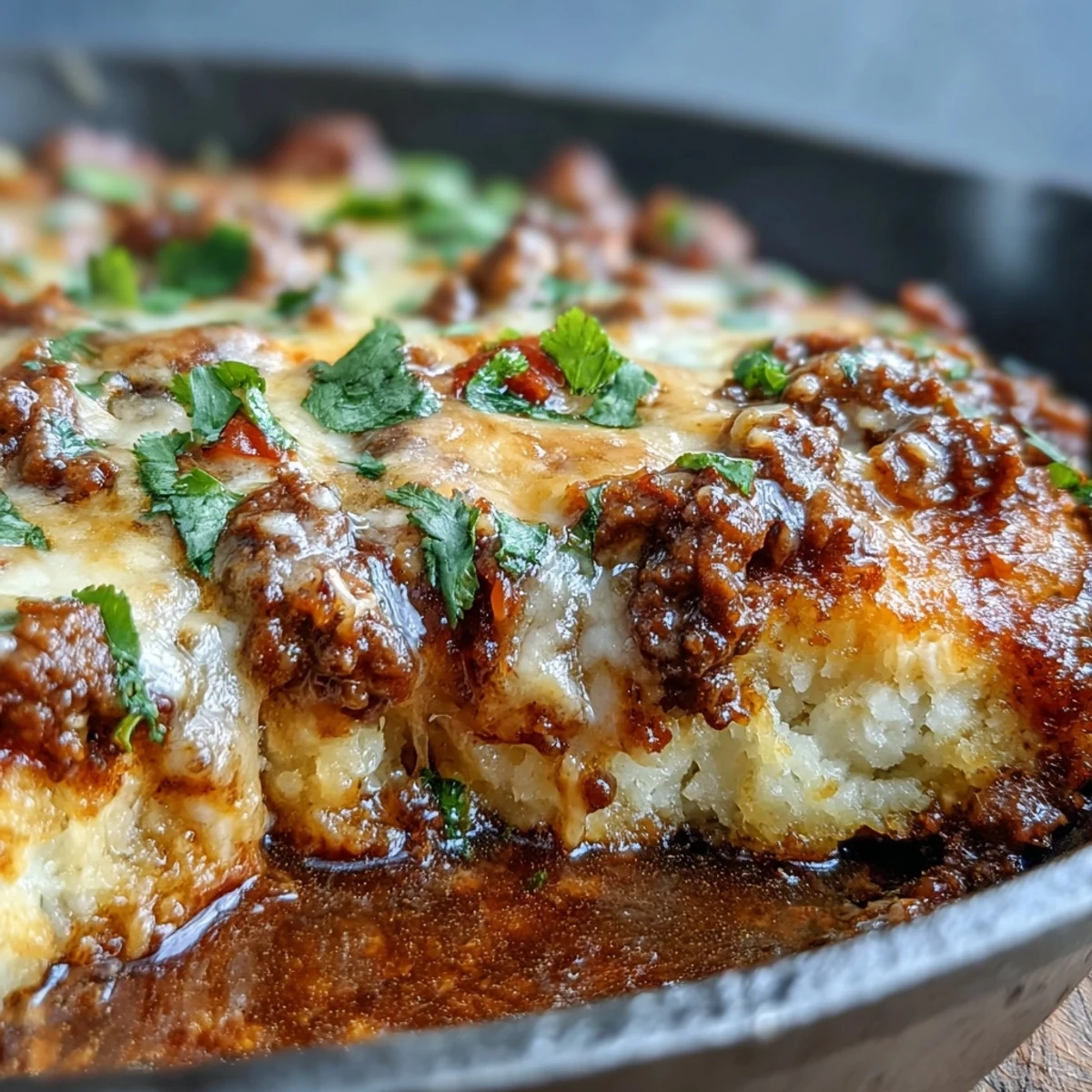 Cheesy cauliflower crust taco skillet with seasoned ground beef and melted cheddar.