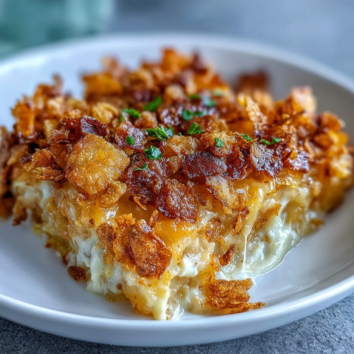 Funeral potatoes casserole with creamy cheese sauce and golden crispy cornflake topping.
