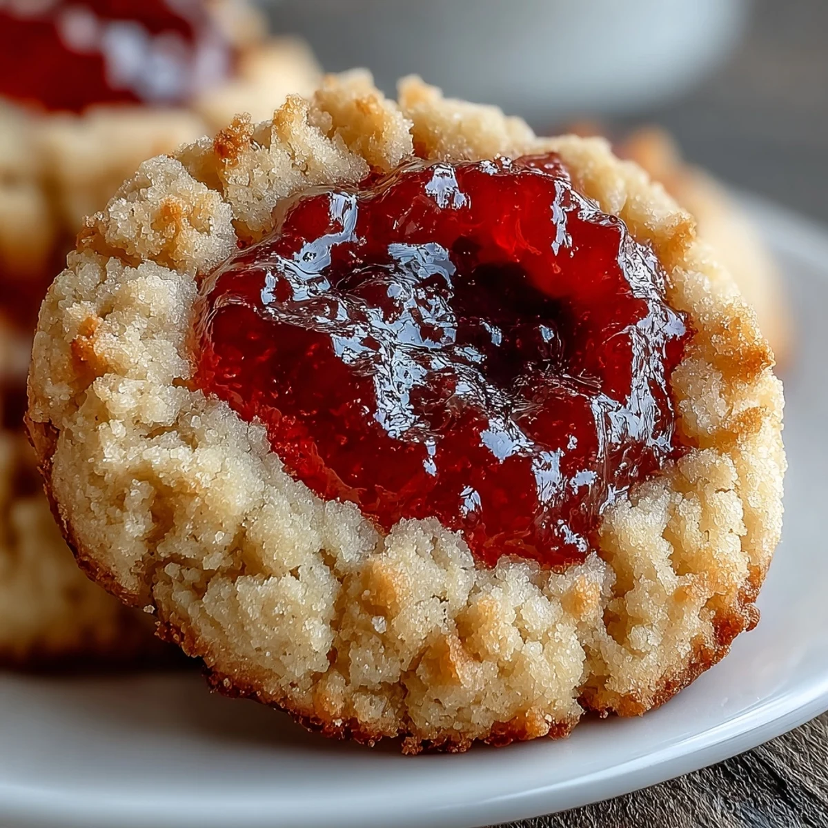 Buttery thumbprint cookies with vibrant strawberry jam centers, ideal for summer picnics and outdoor gatherings.  