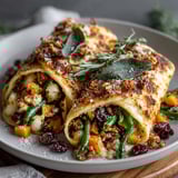 Warm, close-up of Thanksgiving Sage Butter Gnocchi Wraps ready to eat, showing the delicious filling and soft gnocchi.