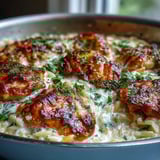 Golden seared chicken thighs and creamy orzo pasta swirl in a garlic-Parmesan sauce, garnished with fresh parsley.