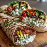 Colorful grilled veggie Mediterranean Grilled Vegetable Wraps layered with hummus, tangy feta, and tomatoes, served on a plate.