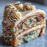 Festive Class of 2026 Confetti Cake topped with champagne frosting swirls.