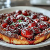 Golden brown Fresh Cherry Clafoutis, bursting with juicy fruit and creamy batter.