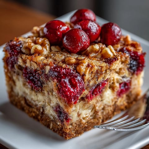 Image of freshly baked Cherry-Coded Sour Cherry Ginger Oat Breakfast Squares, bursting with sweet flavor.