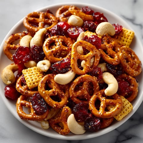 Golden-brown Cherry Hot Honey Pretzel Snack Mix, a delightful salty and sweet treat.