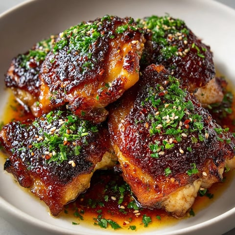 Golden, glistening Honey Garlic Chicken Thighs, ready to serve over fluffy rice with green garnish.