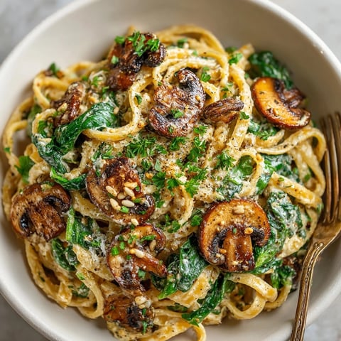 Creamy Adaptogenic Mushroom Pasta, a comforting dish garnished with fresh parsley and seeds.