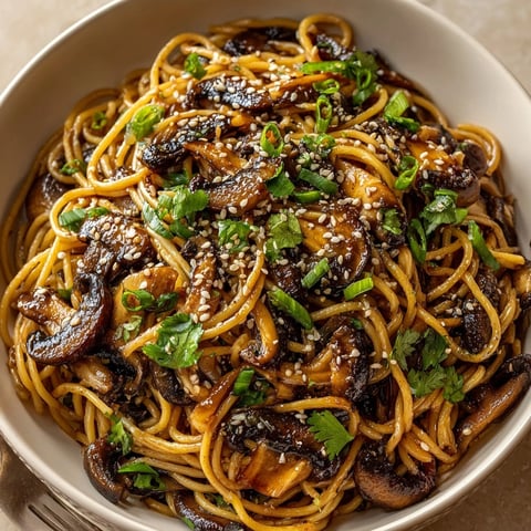 Soy-Glazed Mushroom Pasta showcases glistening pasta strands coated in a savory umami sauce, ready to eat.