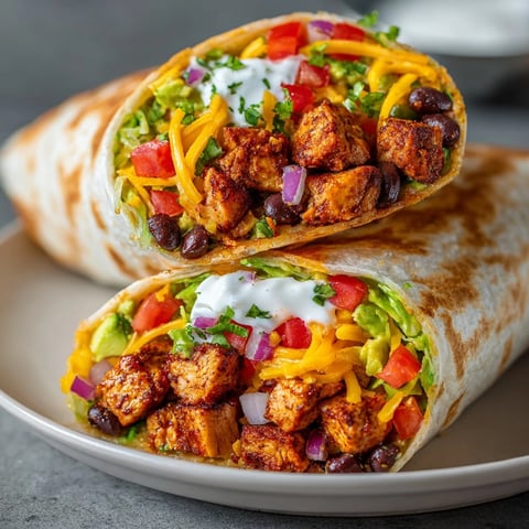 Cajun Black Bean Chicken Burritos sliced and filled with juicy chicken, beans, and fresh toppings.