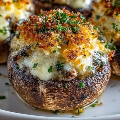 Cheesy Stuffed Garlic Mushrooms baked until golden and bubbly, served as an elegant appetizer.