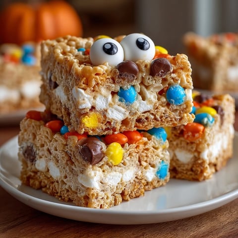 Close-up of colorful Monster Marshmallow Cereal Bars, oozing with melted marshmallows and candy.