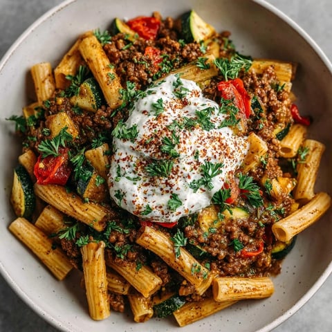 Close-up of a flavorful Quick Turkish Pasta Bowl, topped with creamy yogurt sauce.