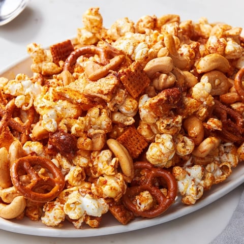 Delicious Holiday Snack Sriracha Popcorn Mix with a spicy, sweet crunch for festive cheer.  