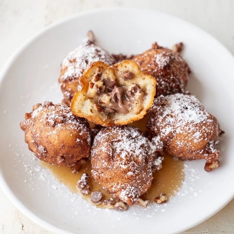 Crispy Maple Pecan Cookie Dough Fritters drizzled with syrup and dusted sugar.  