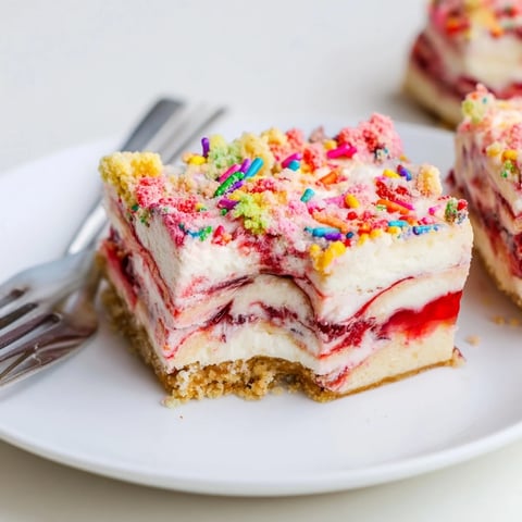 Creamy Cherry Cheesecake Birthday Cake Bars topped with sprinkles offer a festive treat.  