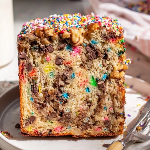 A vibrant Chaos Cake Monster Muffin Loaf topped with colorful sprinkles and chocolate chips.  
