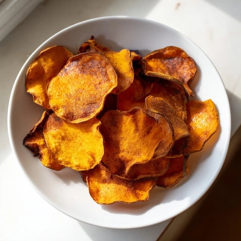 Crispy air fryer sweet potato chips served in a bowl with seasonings.  