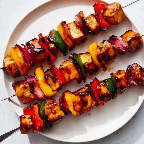 Juicy simplified chicken skewers glazed with teriyaki sauce and fresh veggies.  