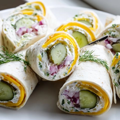 Tangy Pickle-in-a-Blanket rolled in soft tortillas with creamy cheese and fresh dill.  