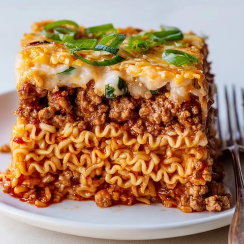 Layers of spicy ramen lasagna topped with bubbling cheese and green onions.  