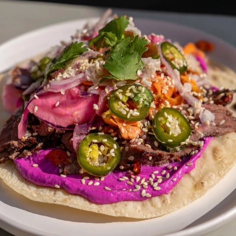 Colorful Global Street-Food Fusion Tacos & Bowls topped with fresh ingredients and ube crema.  