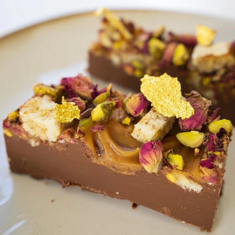 Decadent Chocolate Bar Inspired Creations layered with crunchy pistachios and coconut.  