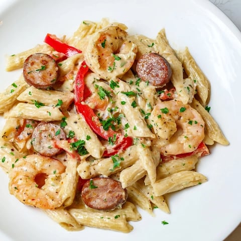 Cajun Sausage & Shrimp Alfredo pasta skillet; a close-up shows tender shrimp and spicy sausage.