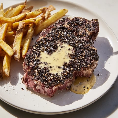 Juicy Classic Peppercorn Ribeye, perfectly seared with a peppercorn crust, served with golden crispy fries.