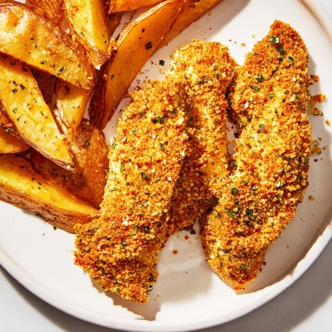 Golden-brown herbed chicken tenders and crispy potato wedges, a comforting and flavorful dinner.