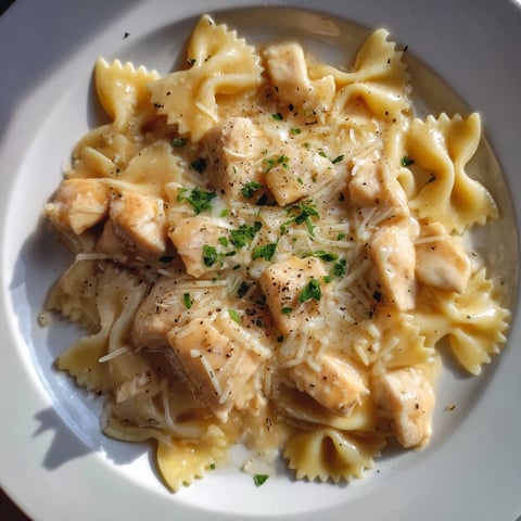 Steaming, golden Mozzarella Garlic Butter Chicken Bowties topped with melted cheese, a savory Italian meal.